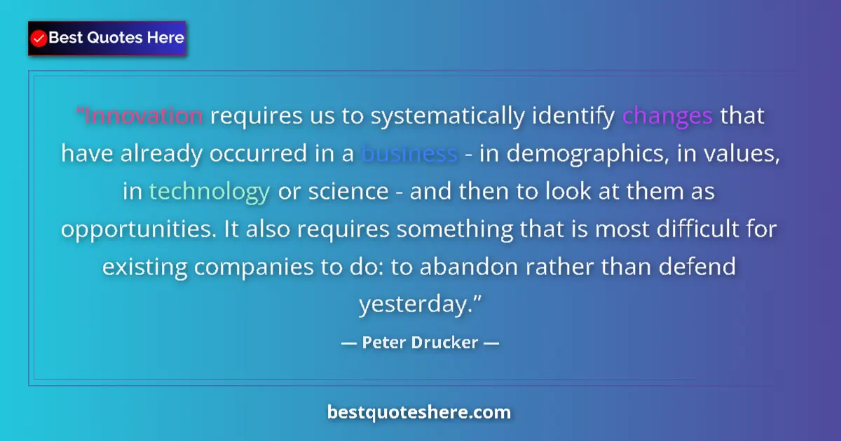 Quote by Peter Drucker: Innovation requires us to systematically identify changes that have already occurred in a business -...