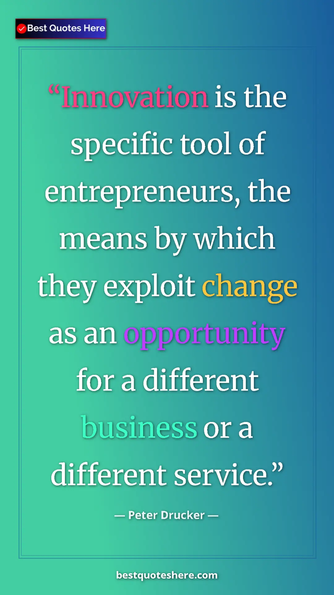 Pinterest quote poster by Peter Drucker: "Innovation is the specific tool of entrepreneurs, the means..."
