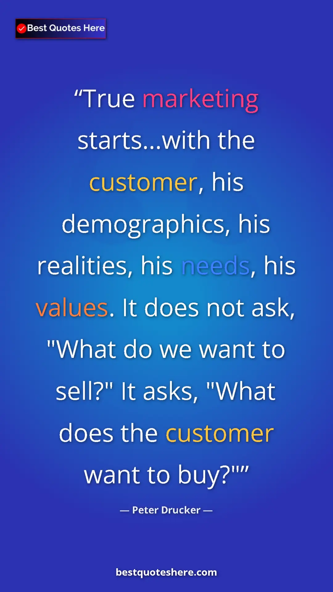 Pinterest quote poster by Peter Drucker: "True marketing starts...with the customer, his..."