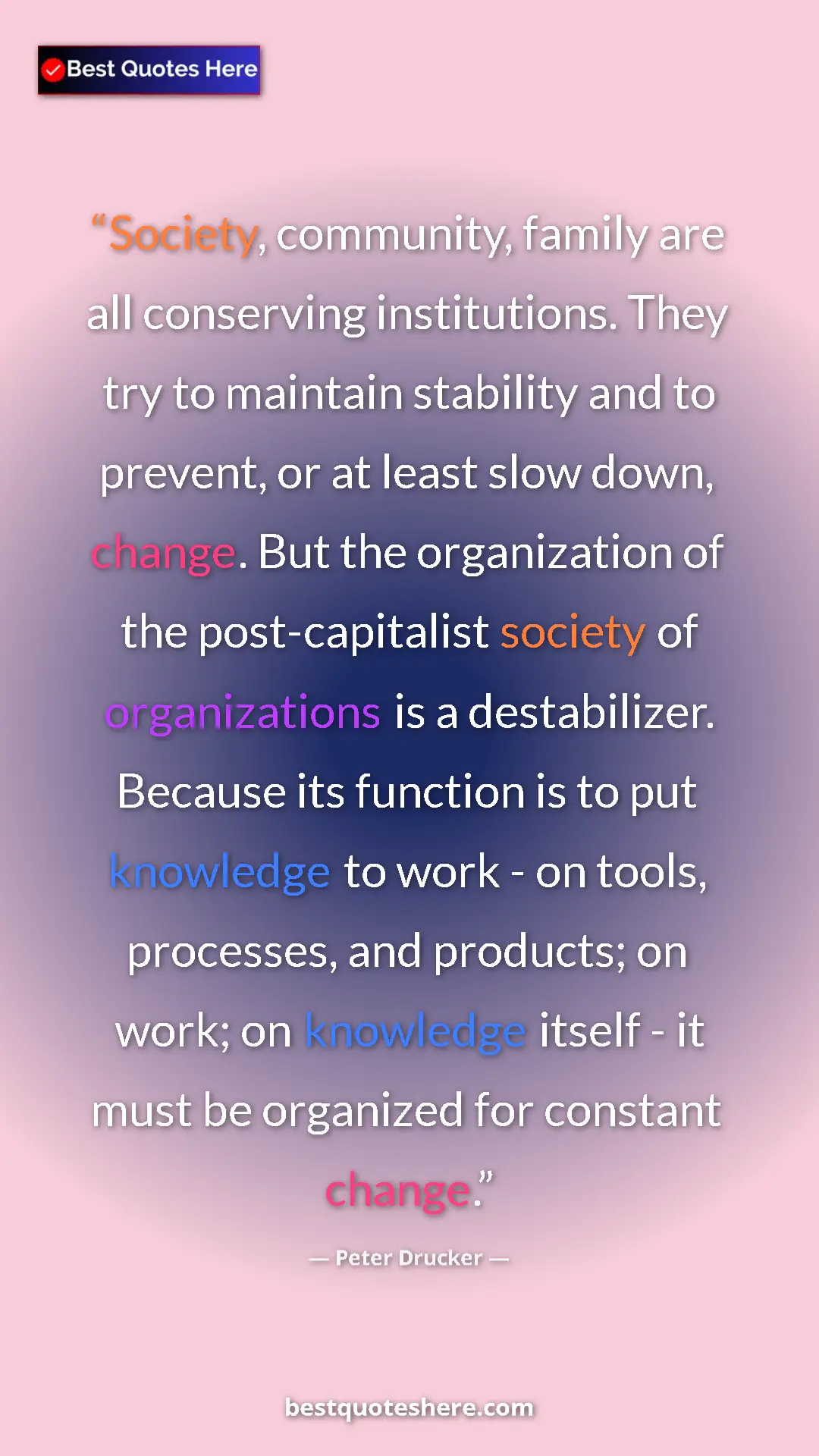 Peter Drucker Quote Card: "Society, community, family are all conserving institutions...." Pinterest quote poster by Peter Drucker: "Society, community, family are all conserving institutions...."