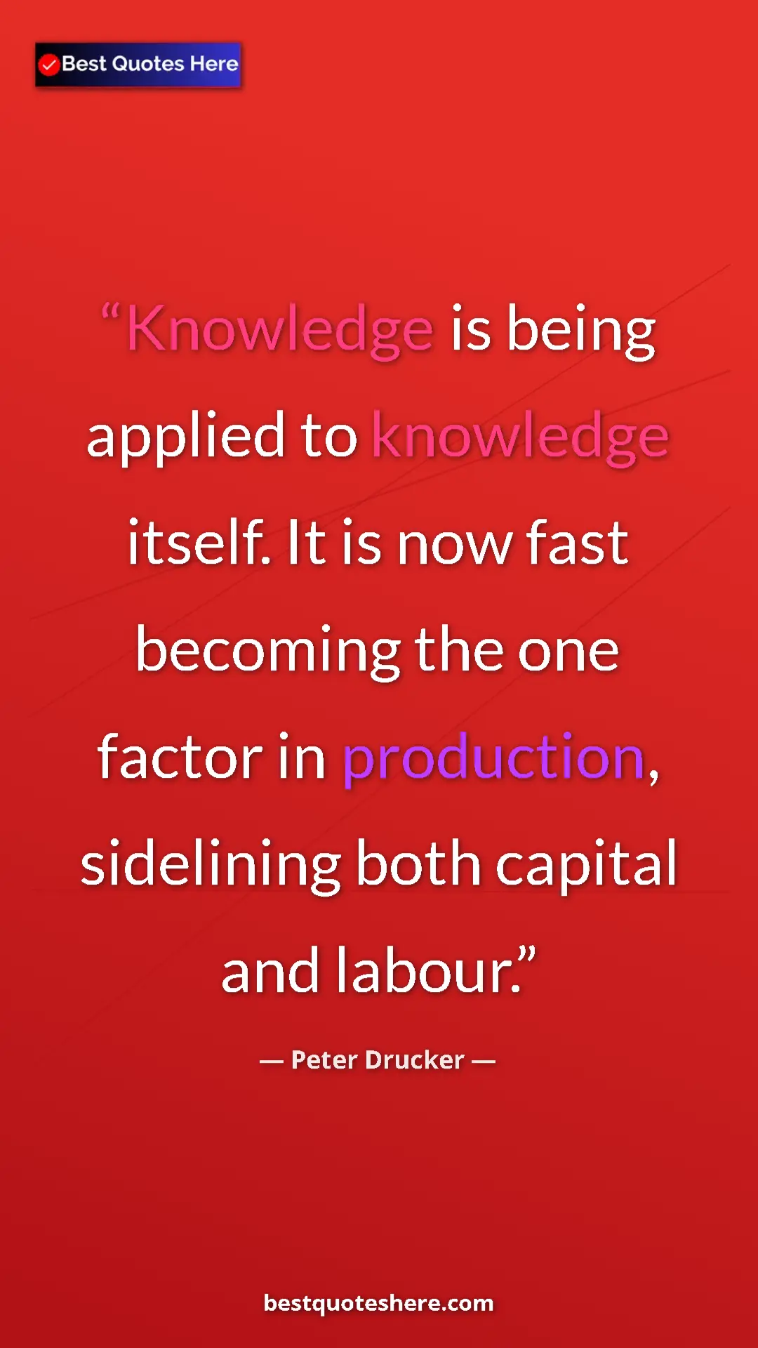 Pinterest quote poster by Peter Drucker: "Knowledge is being applied to knowledge itself. It is now..."