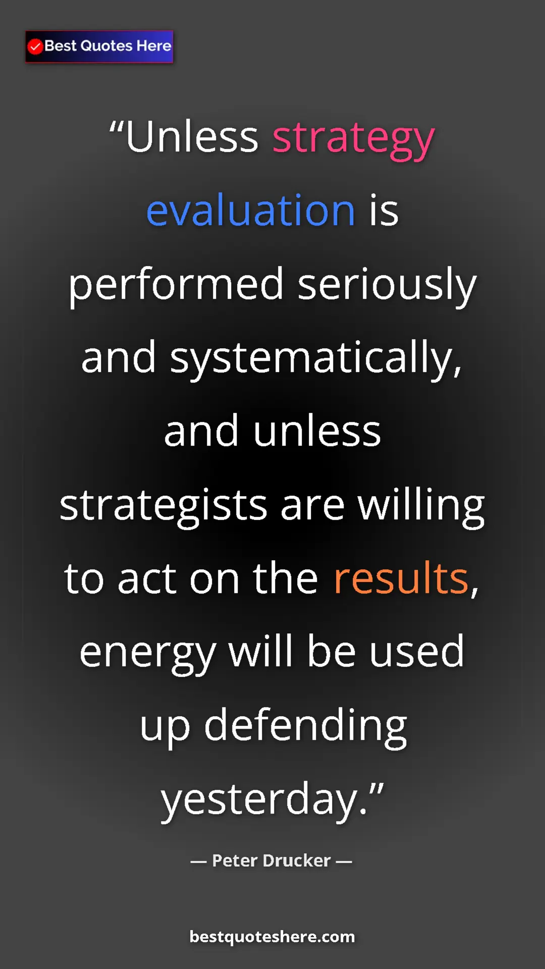 Pinterest quote poster by Peter Drucker: "Unless strategy evaluation is performed seriously and..."