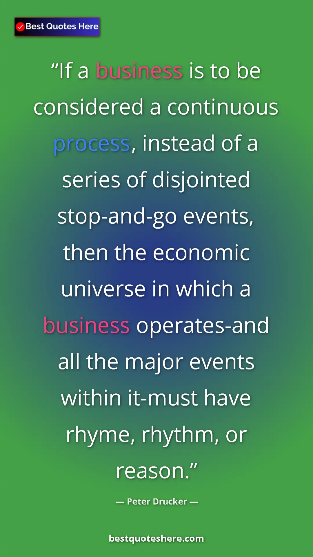 Pinterest quote poster by Peter Drucker: "If a business is to be considered a continuous process,..."