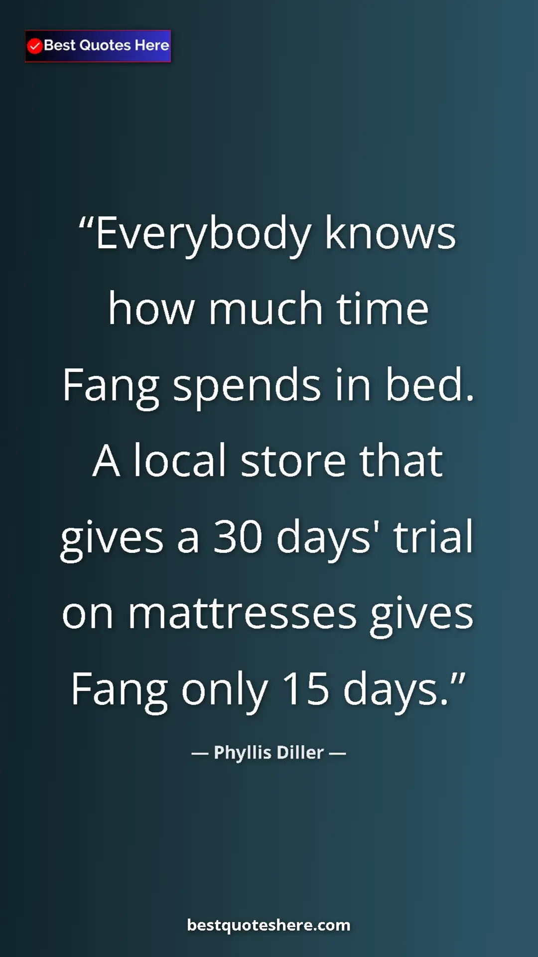 Pinterest quote poster by Phyllis Diller: "Everybody knows how much time Fang spends in bed. A local..."