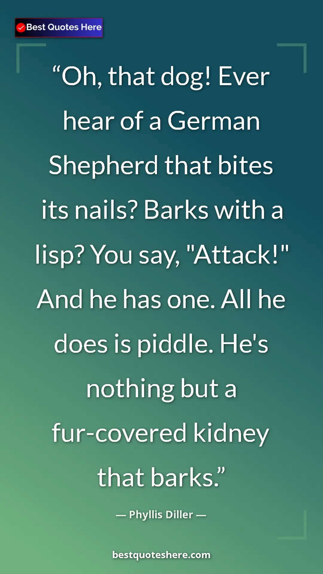 Phyllis Diller Quote Card: "Oh, that dog! Ever hear of a German Shepherd that bites its..." Pinterest quote poster by Phyllis Diller: "Oh, that dog! Ever hear of a German Shepherd that bites its..."
