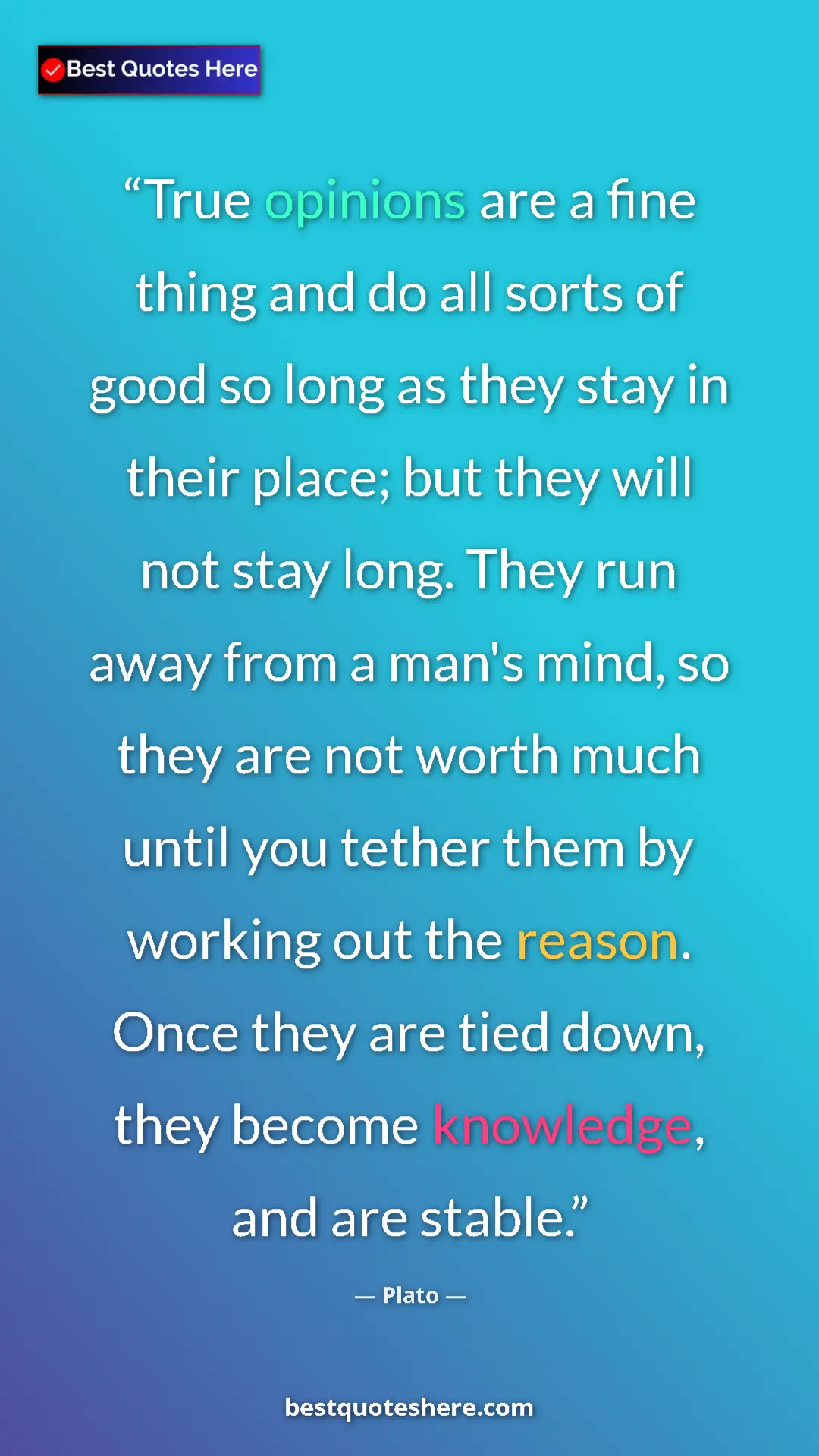 Pinterest quote poster by Plato: "True opinions are a fine thing and do all sorts of good so..."
