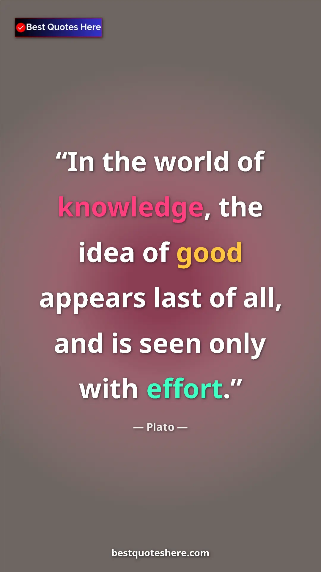 Pinterest quote poster by Plato: "In the world of knowledge, the idea of good appears last of..."