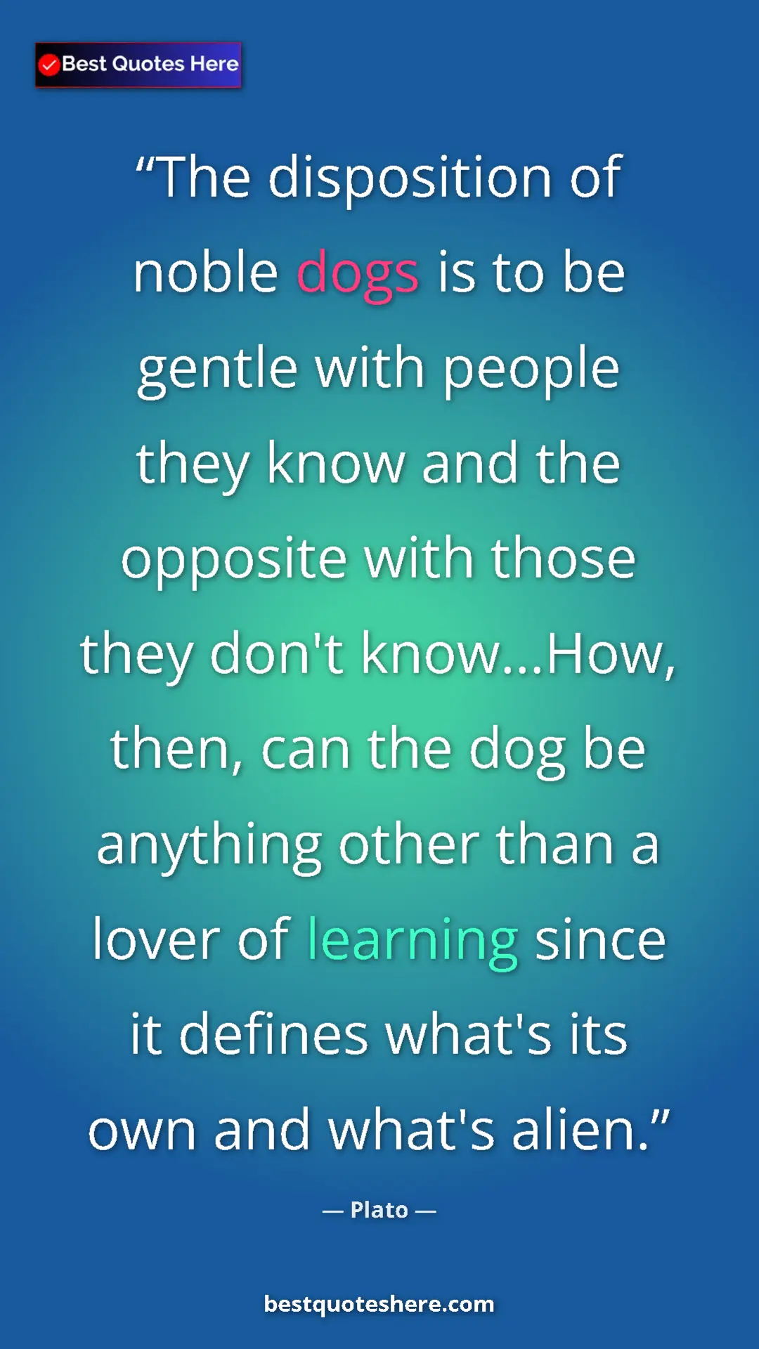Pinterest quote poster by Plato: "The disposition of noble dogs is to be gentle with people..."