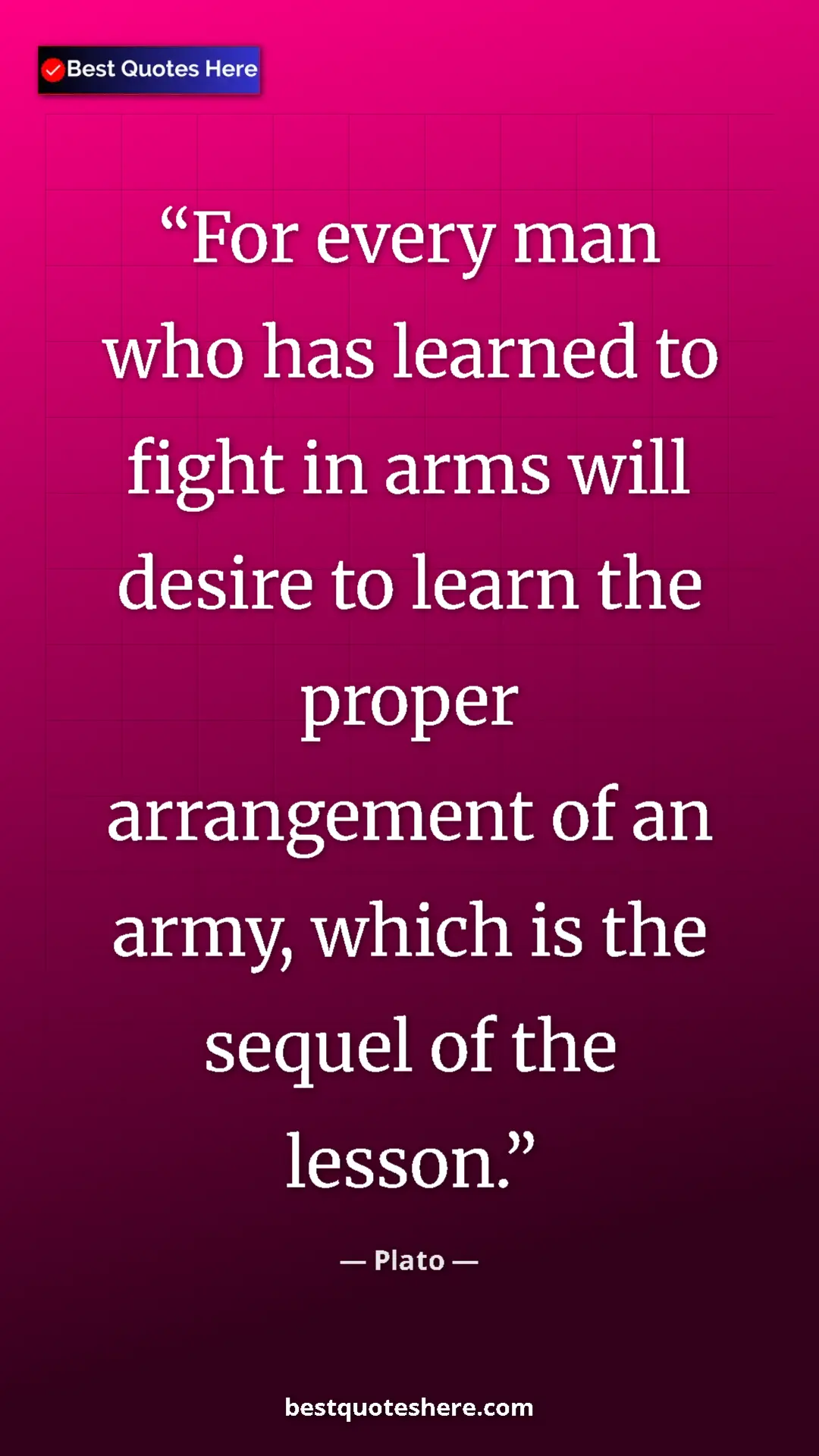 Pinterest quote poster by Plato: "For every man who has learned to fight in arms will desire..."