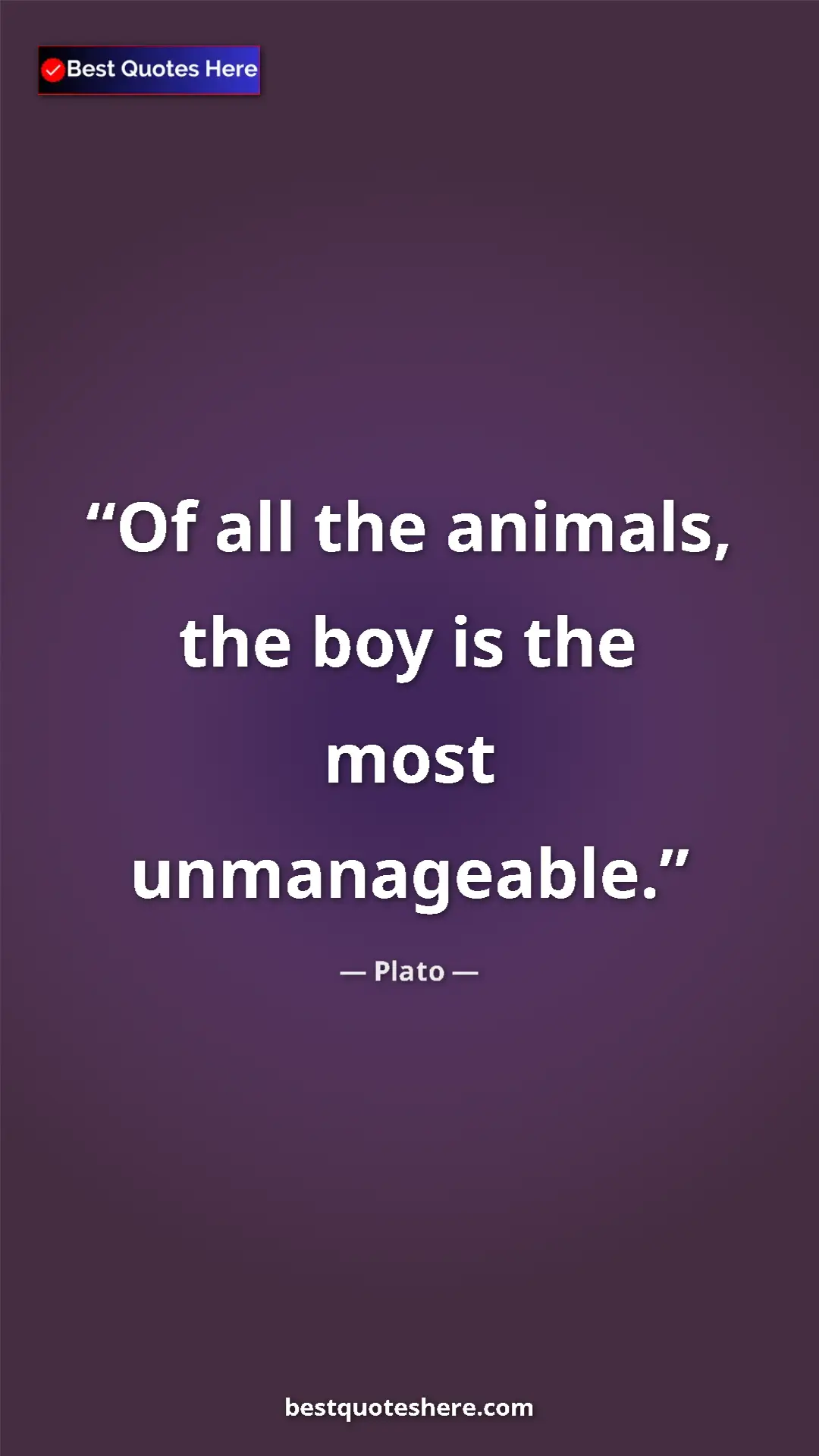 Pinterest quote poster by Plato: "Of all the animals, the boy is the most unmanageable."