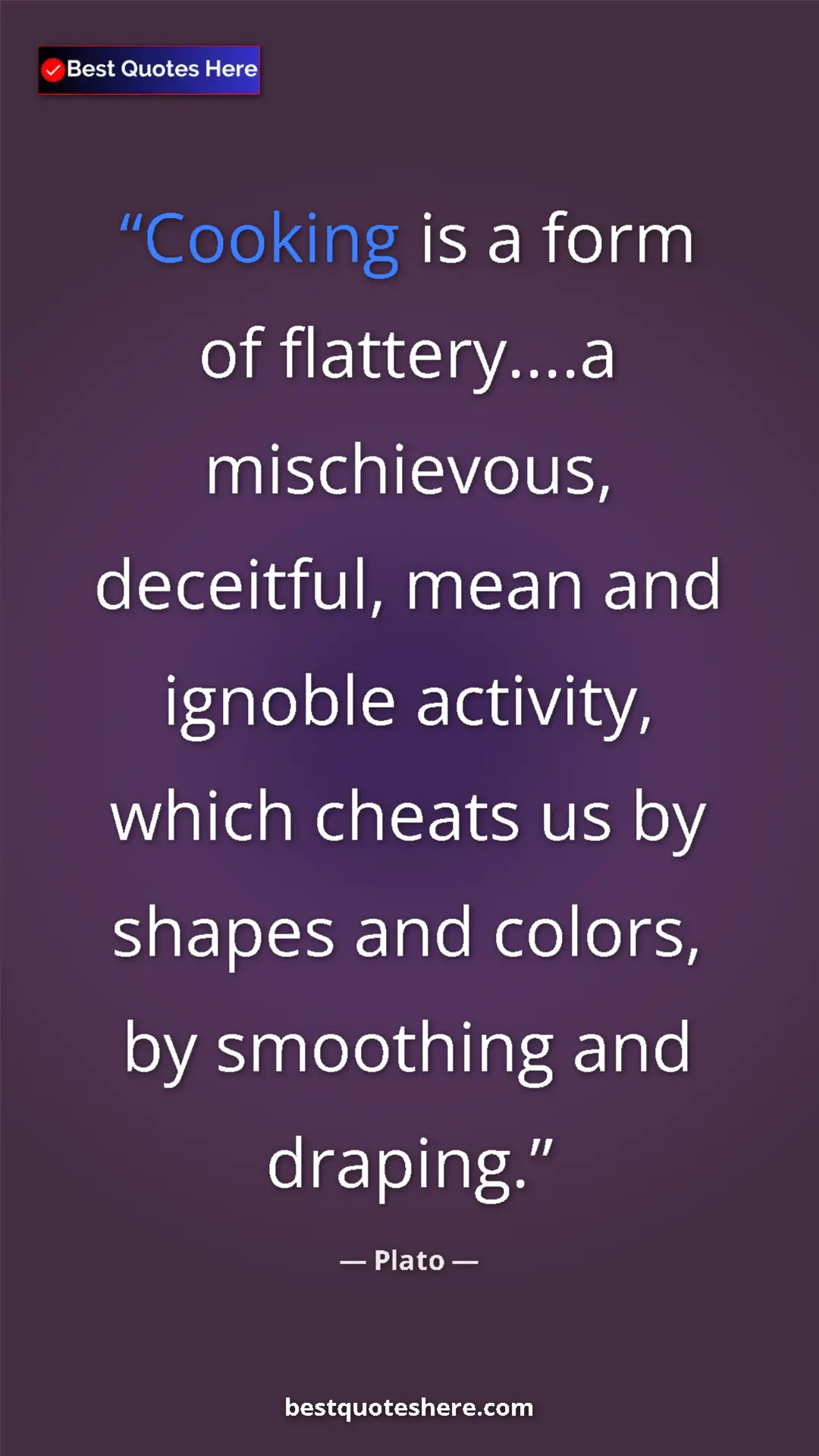Pinterest quote poster by Plato: "Cooking is a form of flattery....a mischievous, deceitful,..."