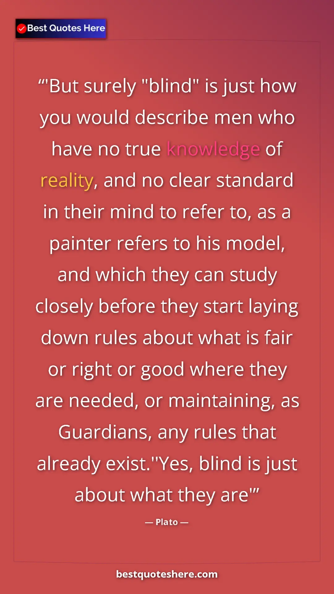 Pinterest quote poster by Plato: "'But surely "blind" is just how you would describe men who..."