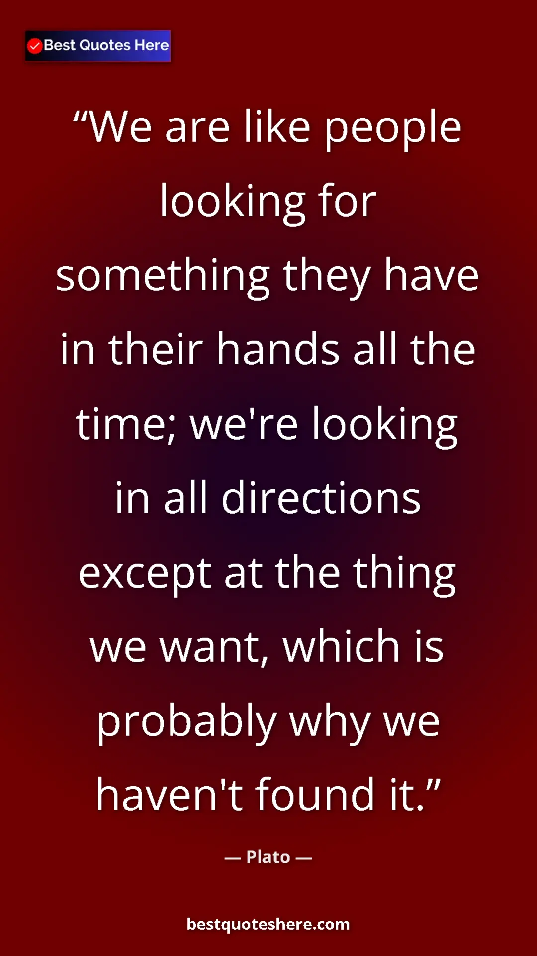 Pinterest quote poster by Plato: "We are like people looking for something they have in their..."