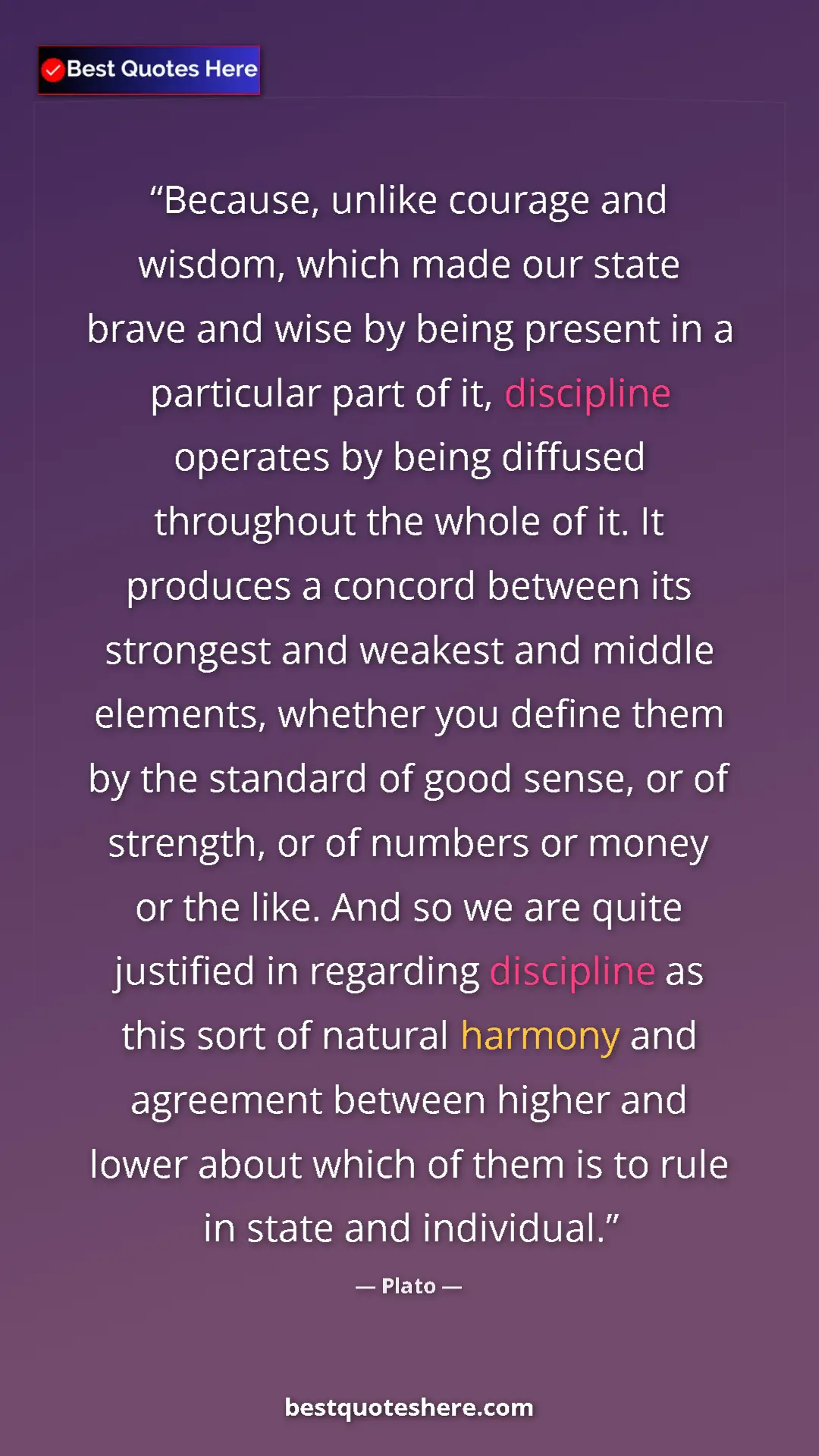 Pinterest quote poster by Plato: "Because, unlike courage and wisdom, which made our state..."