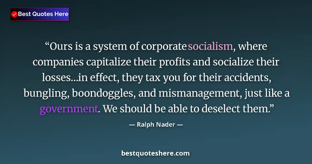 Quote by Ralph Nader: Ours is a system of corporate socialism, where companies capitalize their profits and socialize thei...