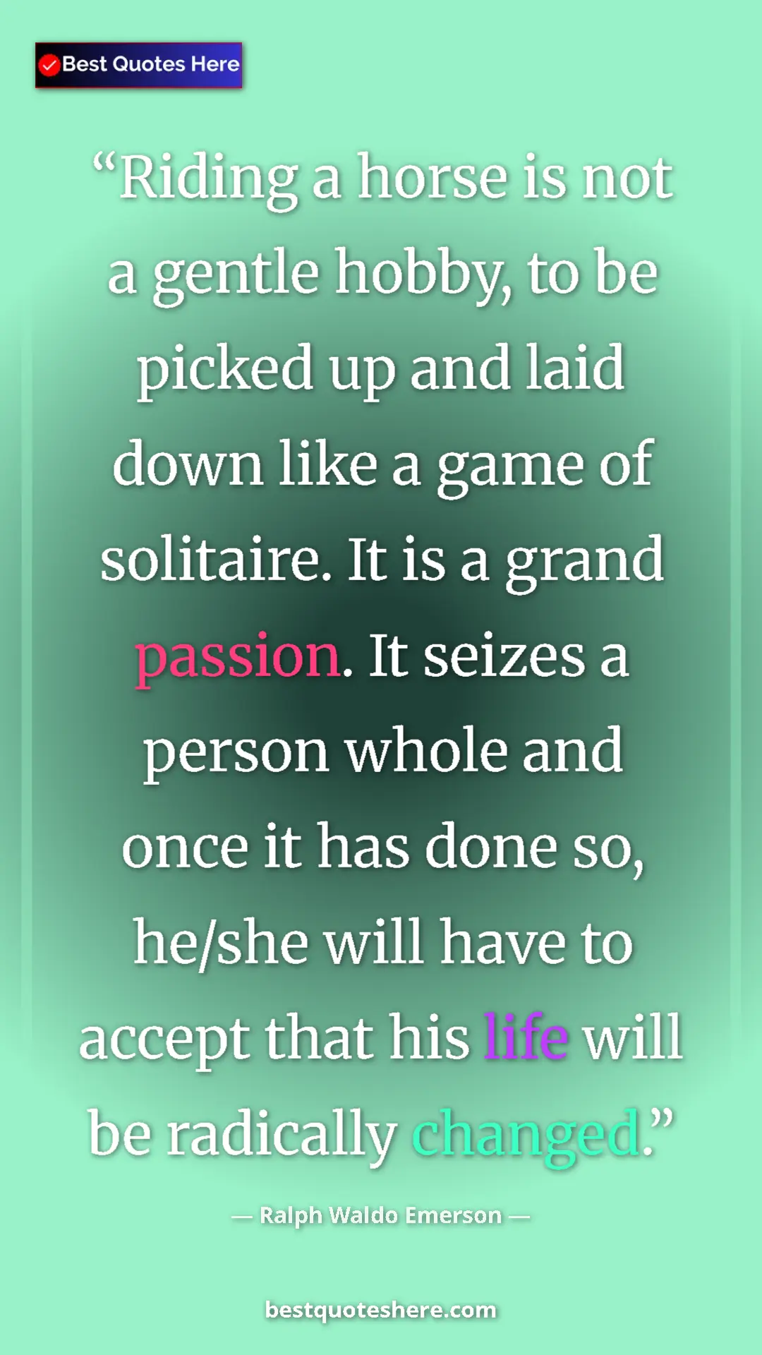 Pinterest quote poster by Ralph Waldo Emerson: "Riding a horse is not a gentle hobby, to be picked up and..."