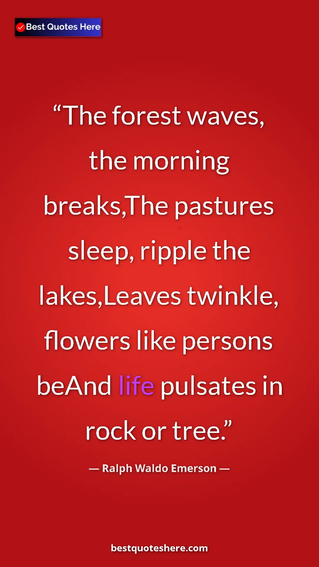 Ralph Waldo Emerson Quote Card: "The forest waves, the morning breaks,The pastures sleep,..." Pinterest quote poster by Ralph Waldo Emerson: "The forest waves, the morning breaks,The pastures sleep,..."