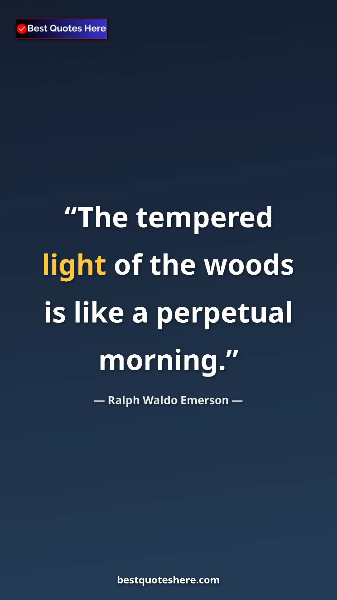 Ralph Waldo Emerson Quote Card: "The tempered light of the woods is like a perpetual morning." Pinterest quote poster by Ralph Waldo Emerson: "The tempered light of the woods is like a perpetual morning."