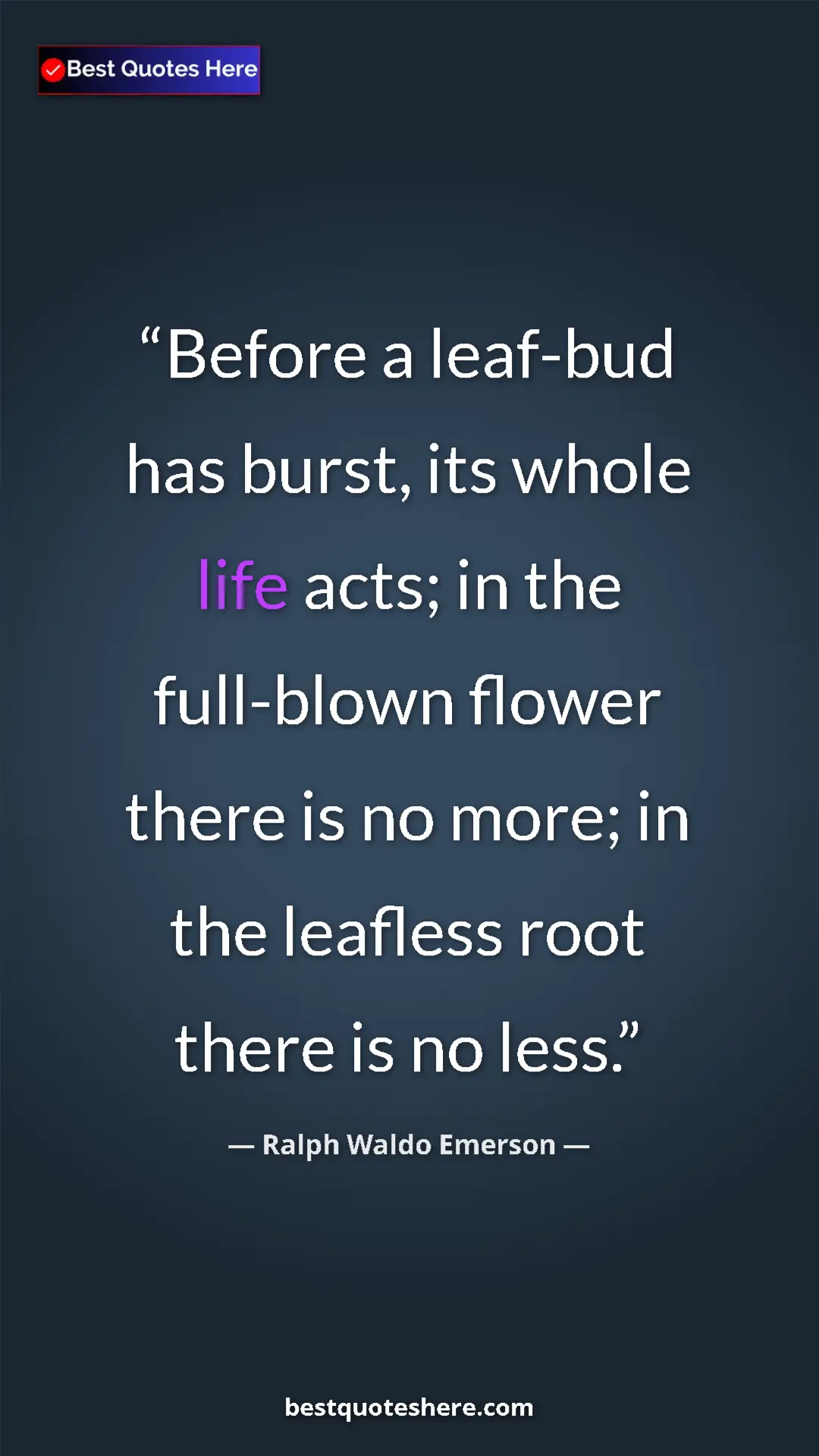 Ralph Waldo Emerson Quote Card: "Before a leaf-bud has burst, its whole life acts; in the..." Pinterest quote poster by Ralph Waldo Emerson: "Before a leaf-bud has burst, its whole life acts; in the..."