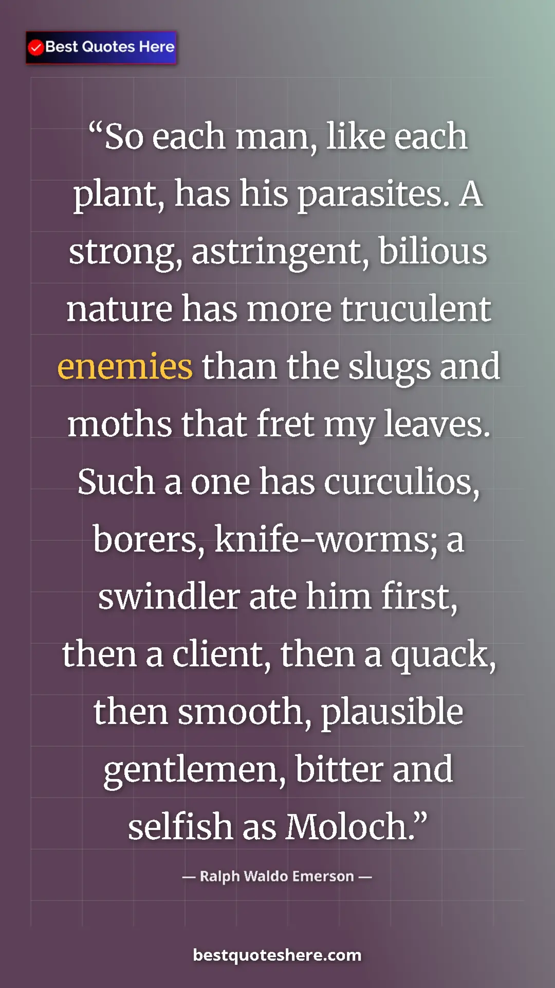 Ralph Waldo Emerson Quote Card: "So each man, like each plant, has his parasites. A strong,..." Pinterest quote poster by Ralph Waldo Emerson: "So each man, like each plant, has his parasites. A strong,..."