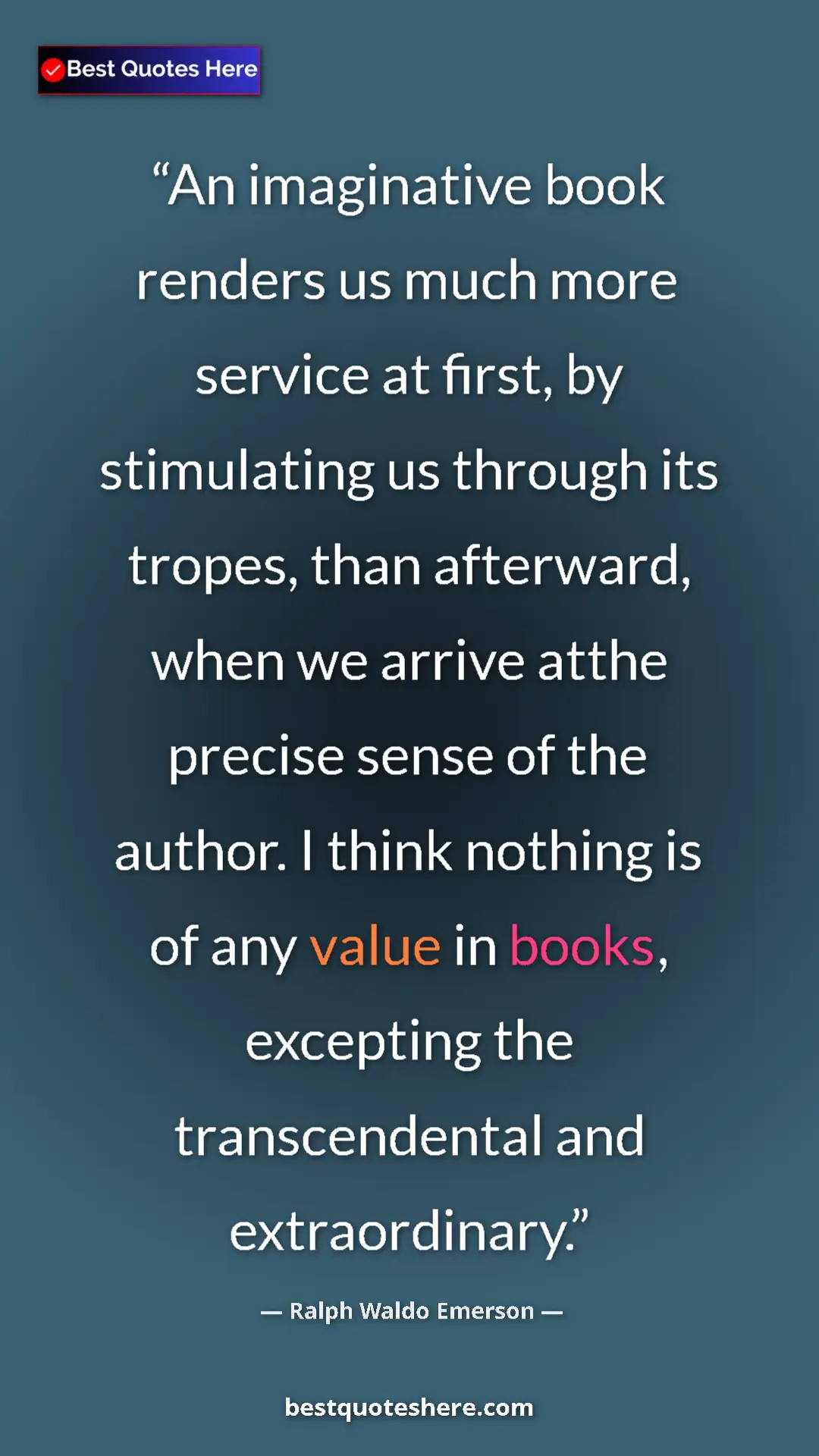 Ralph Waldo Emerson Quote Card: "An imaginative book renders us much more service at first,..." Pinterest quote poster by Ralph Waldo Emerson: "An imaginative book renders us much more service at first,..."