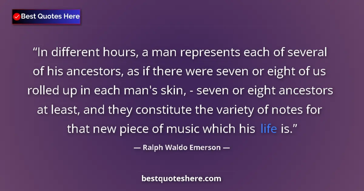 Quote by Ralph Waldo Emerson: In different hours, a man represents each of several of his ancestors, as if there were seven or eig...