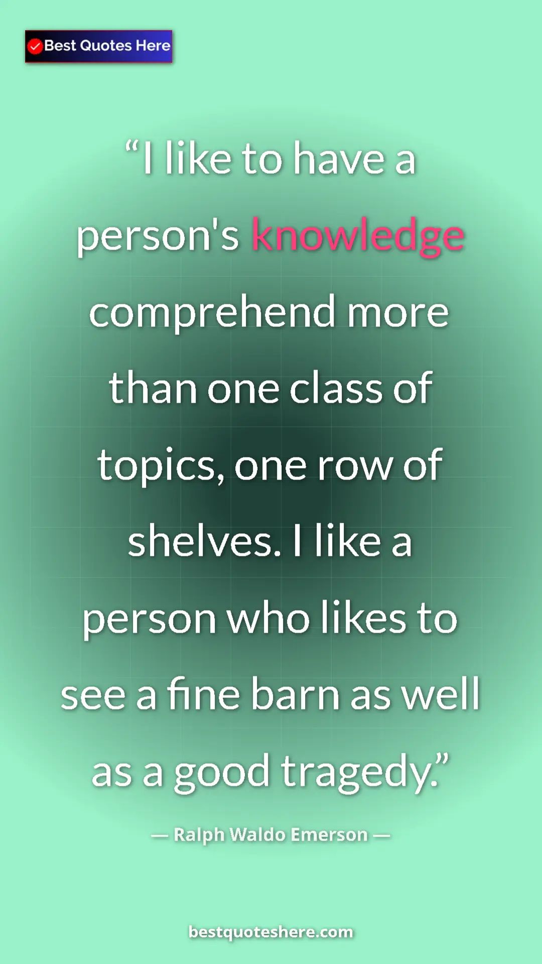Pinterest quote poster by Ralph Waldo Emerson: "I like to have a person's knowledge comprehend more than..."