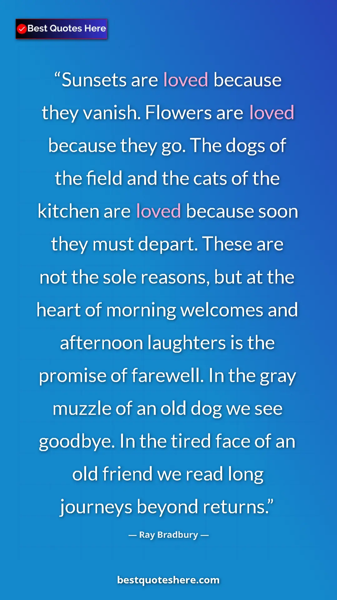 Pinterest quote poster by Ray Bradbury: "Sunsets are loved because they vanish. Flowers are loved..."