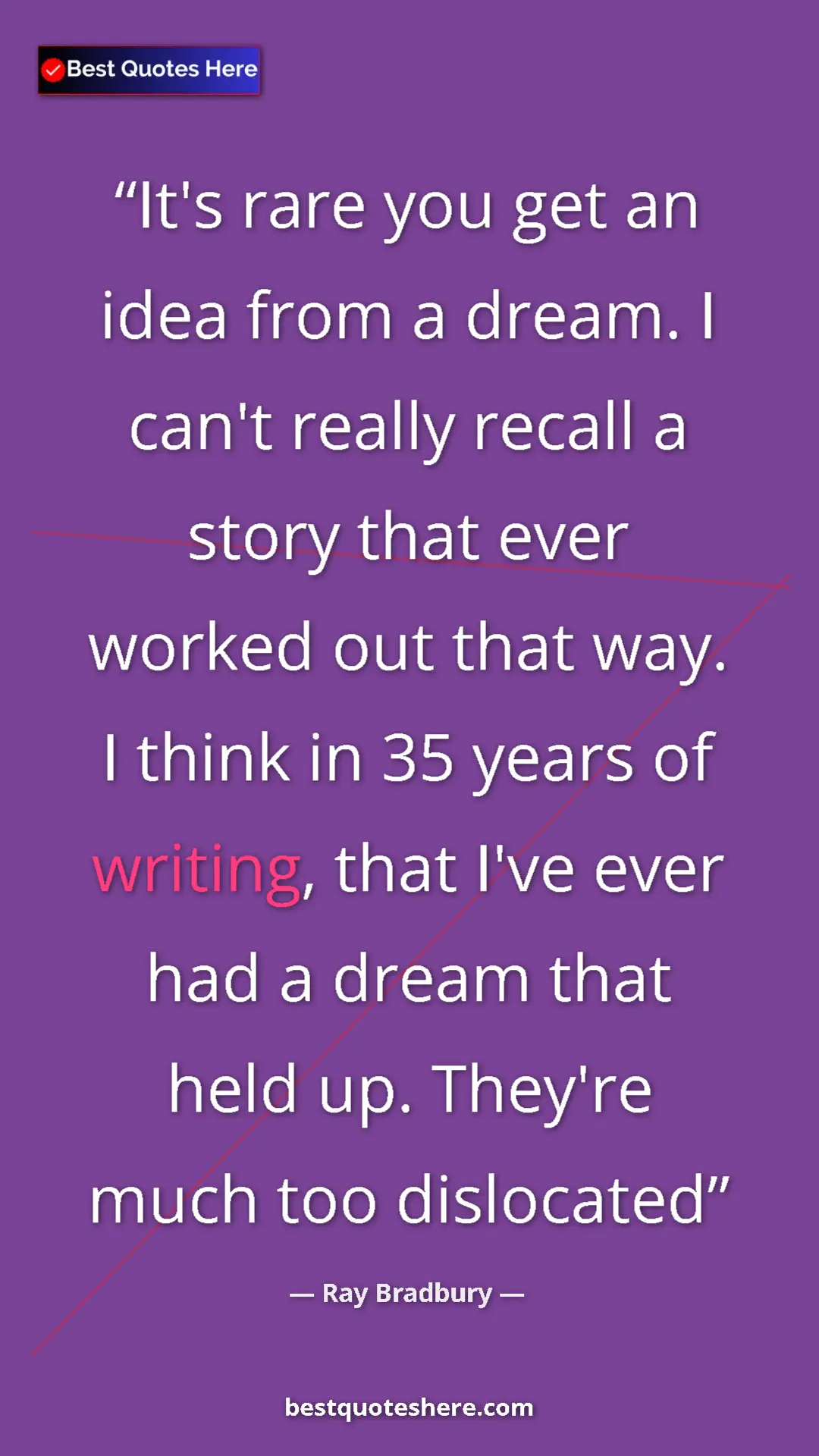 Ray Bradbury Quote Card: "It's rare you get an idea from a dream. I can't really..." Pinterest quote poster by Ray Bradbury: "It's rare you get an idea from a dream. I can't really..."
