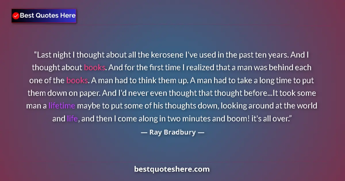 Quote by Ray Bradbury: Last night I thought about all the kerosene I've used in the past ten years. And I thought about boo...
