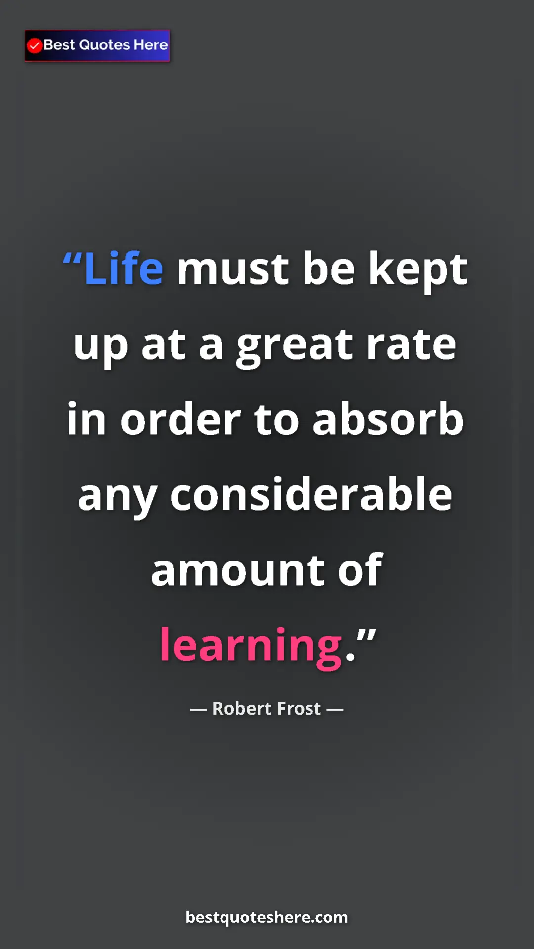 Pinterest quote poster by Robert Frost: "Life must be kept up at a great rate in order to absorb any..."