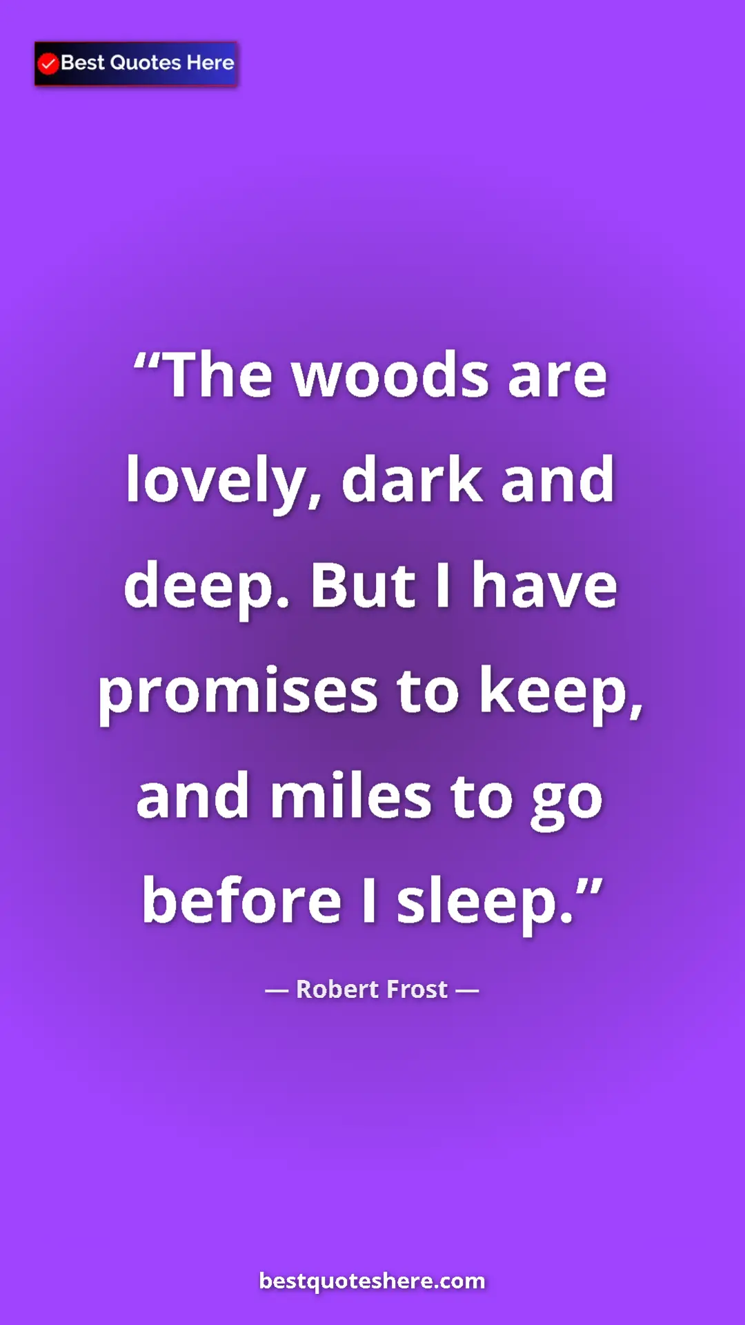 Pinterest quote poster by Robert Frost: "The woods are lovely, dark and deep. But I have promises to..."