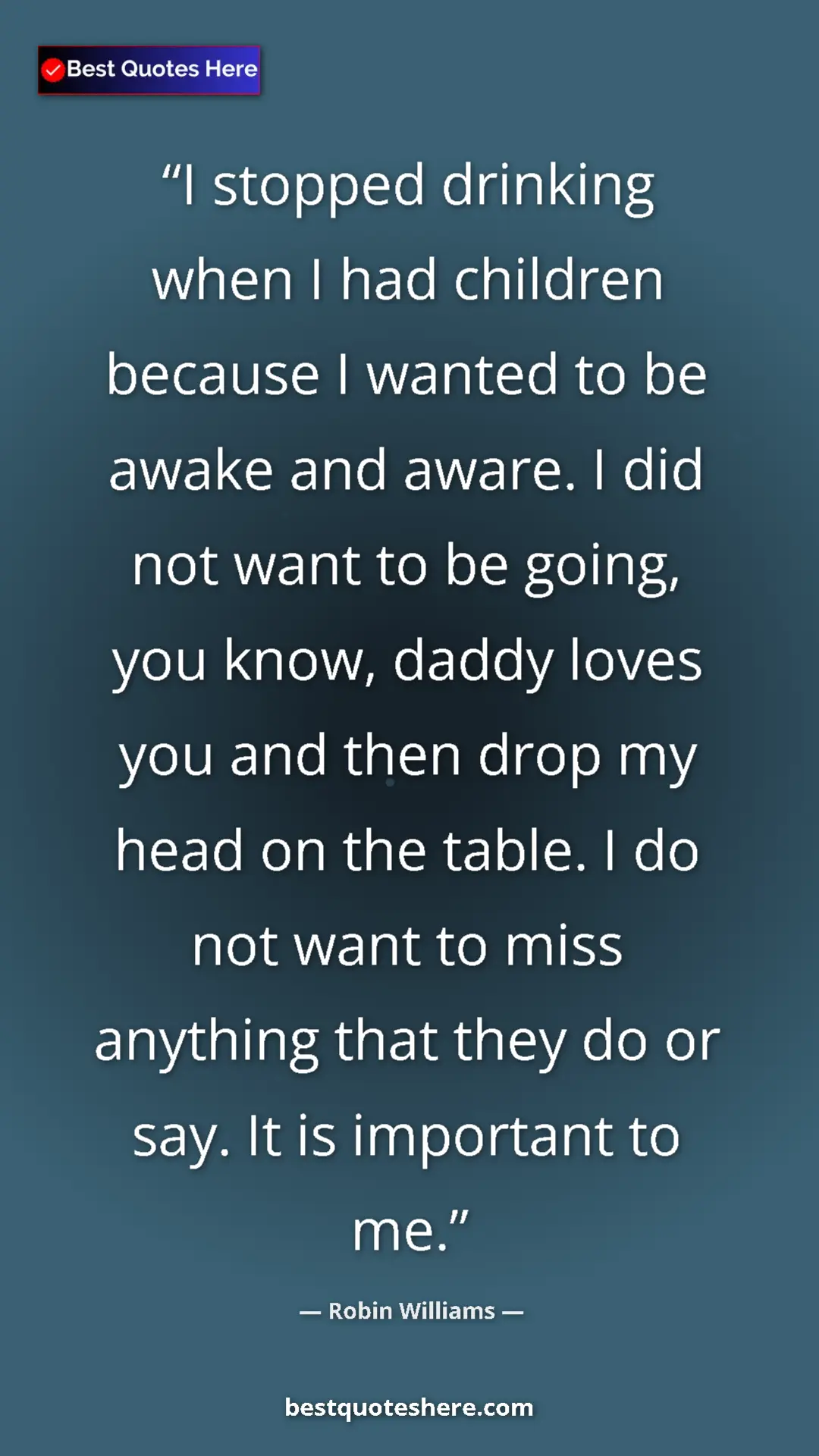 Pinterest quote poster by Robin Williams: "I stopped drinking when I had children because I wanted to b"