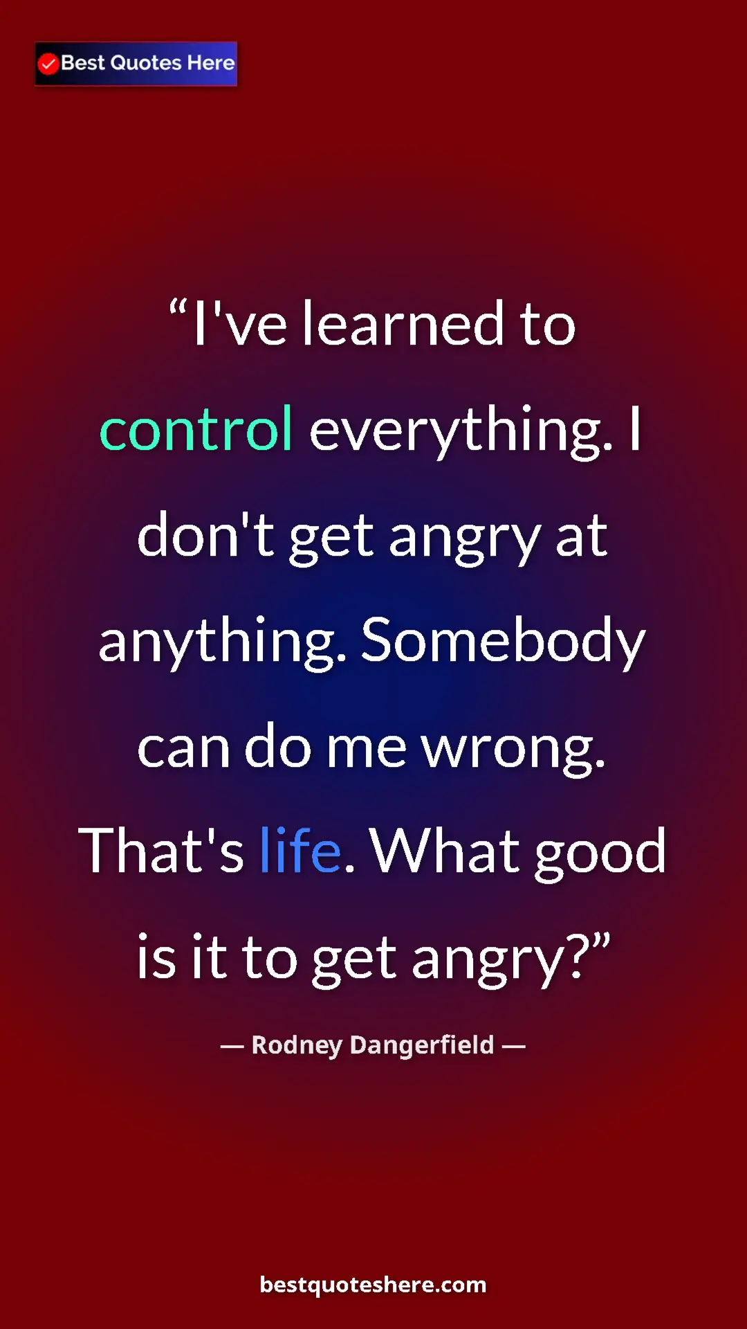 Pinterest quote poster by Rodney Dangerfield: "I've learned to control everything. I don't get angry at..."