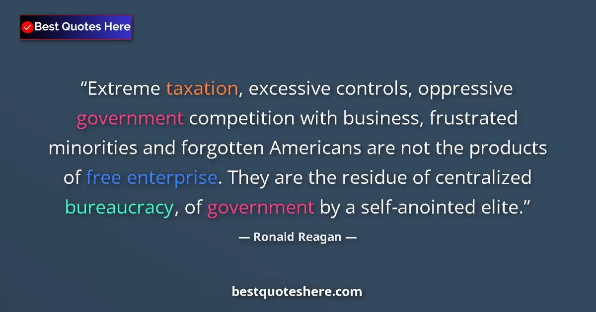 Quote by Ronald Reagan: Extreme taxation, excessive controls, oppressive government competition with business, frustrated mi...