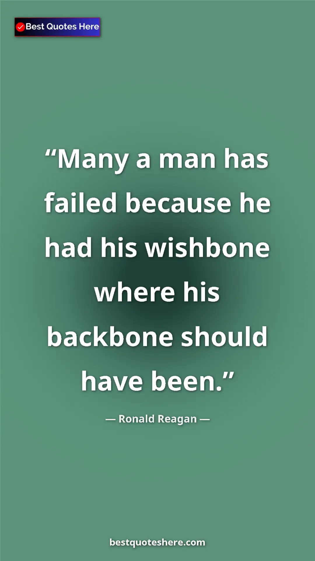 Pinterest quote poster by Ronald Reagan: "Many a man has failed because he had his wishbone where his..."