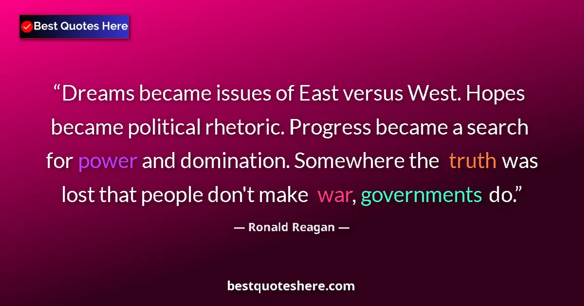 Quote by Ronald Reagan: Dreams became issues of East versus West. Hopes be