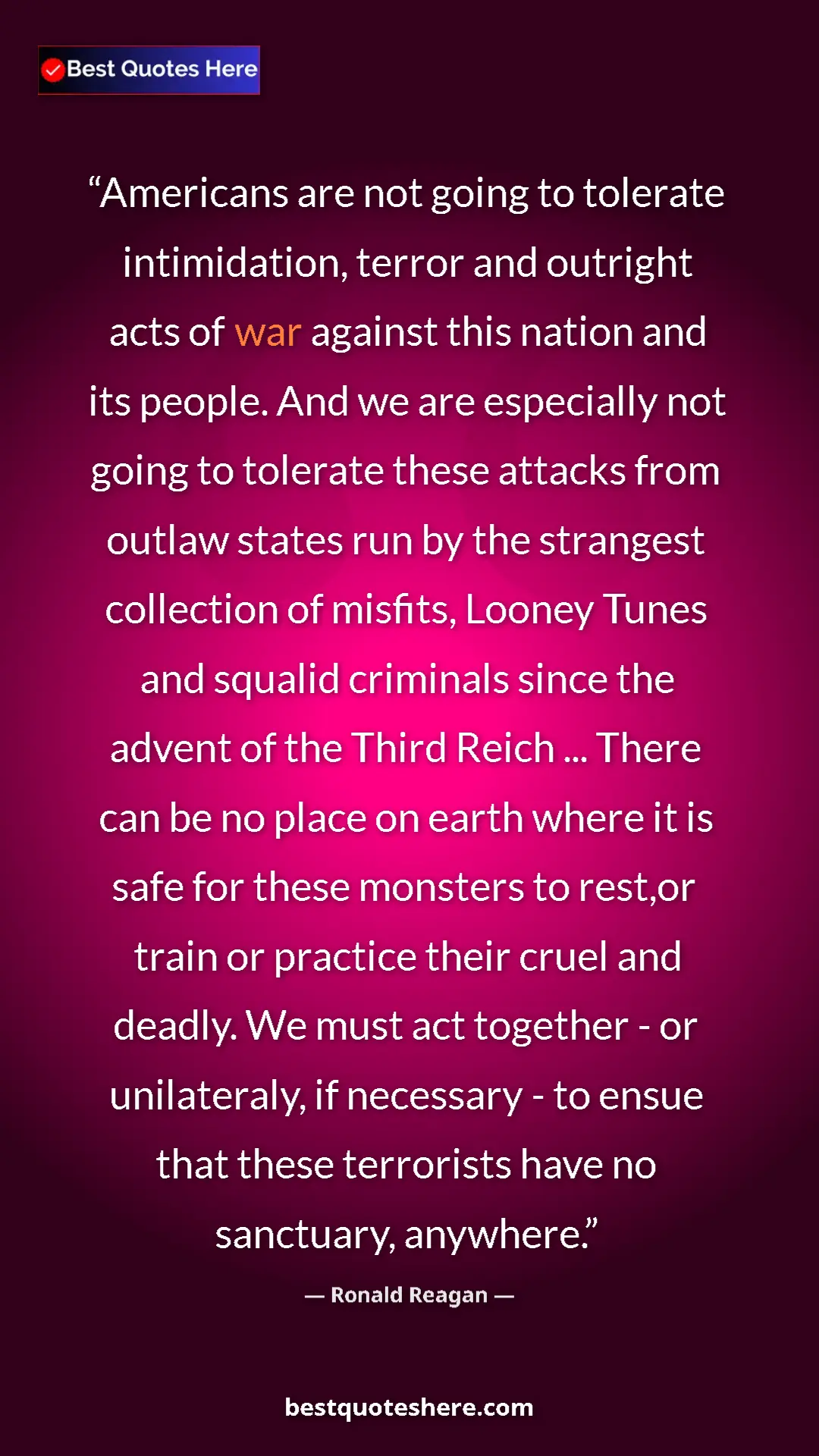 Ronald Reagan Quote Card: "Americans are not going to tolerate intimidation, terror and" Pinterest quote poster by Ronald Reagan: "Americans are not going to tolerate intimidation, terror and"