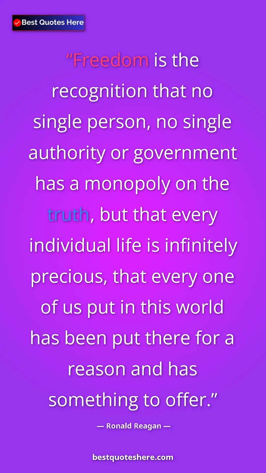 Ronald Reagan Quote Card: "Freedom is the recognition that no single person, no single..." Pinterest quote poster by Ronald Reagan: "Freedom is the recognition that no single person, no single..."