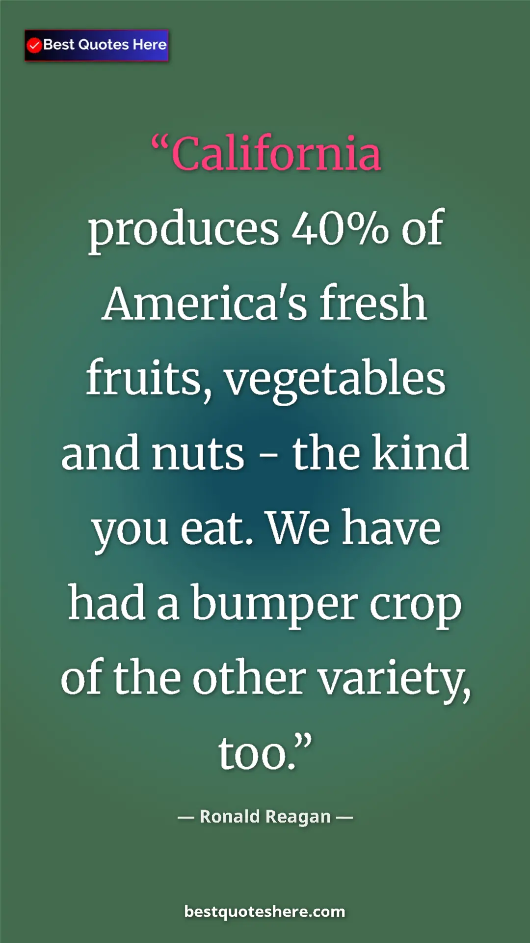 Pinterest quote poster by Ronald Reagan: "California produces 40% of America's fresh fruits,..."