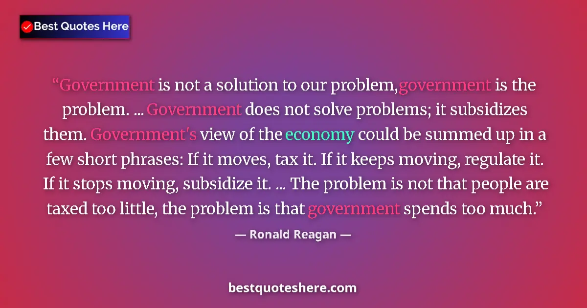 Quote by Ronald Reagan: Government is not a solution to our problem, government is the problem. ... Government does not solv...