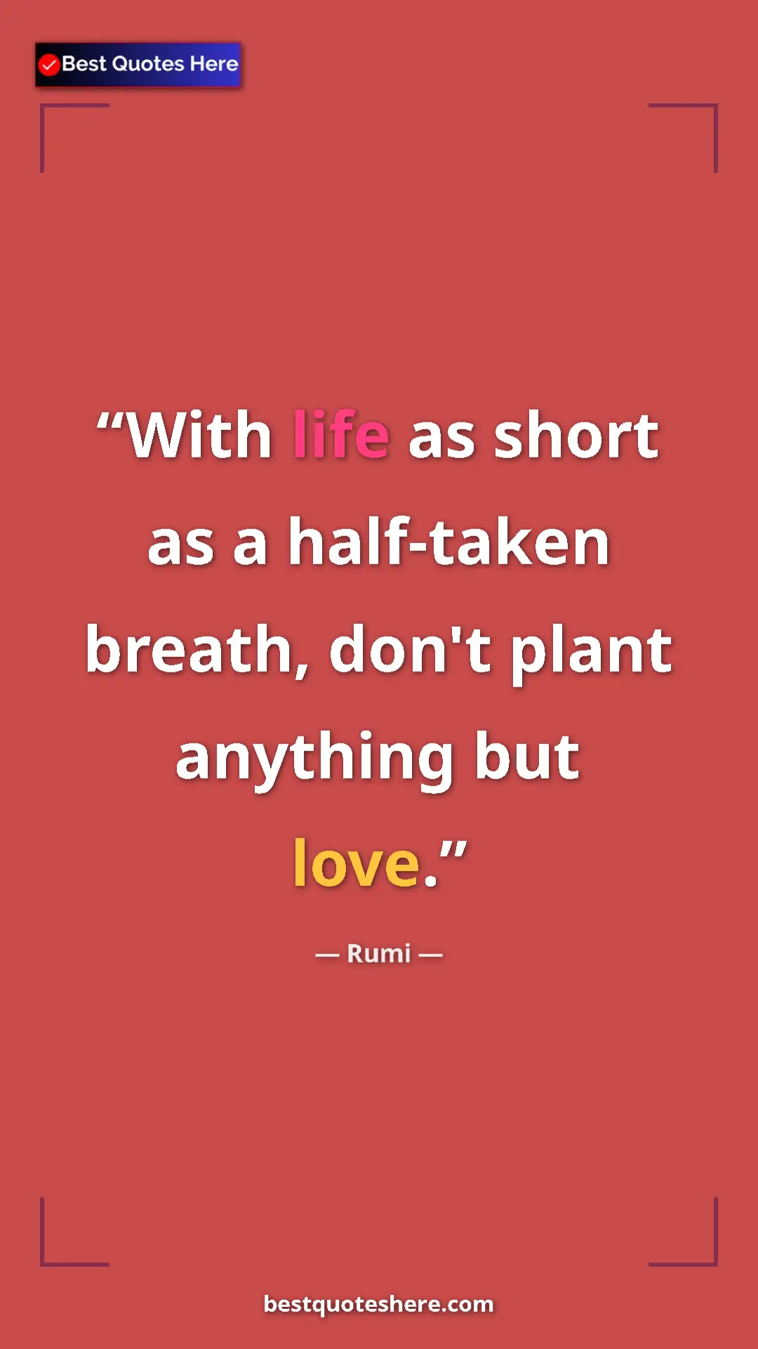 Pinterest quote poster by Rumi: "With life as short as a half-taken breath, don't plant anyth"