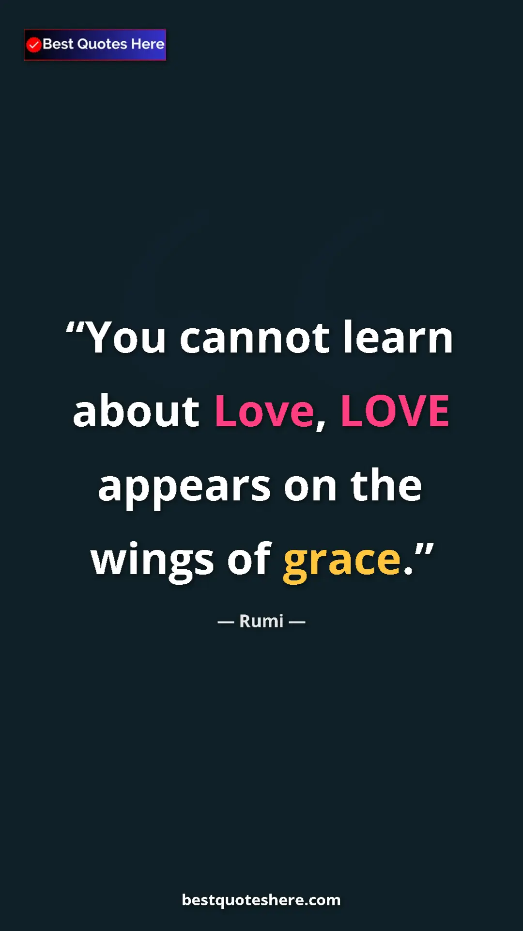 Pinterest quote poster by Rumi: "You cannot learn about Love, LOVE appears on the wings of..."