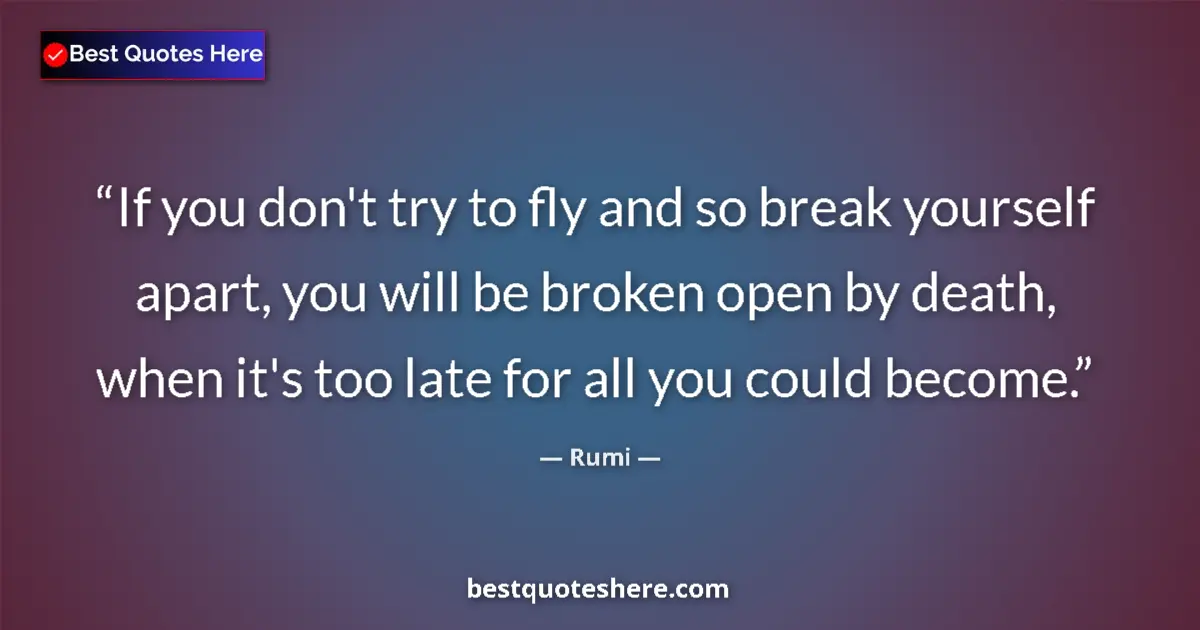 Quote by Rumi: If you don't try to fly and so break yourself apart, you will be broken open by death, when it's too...