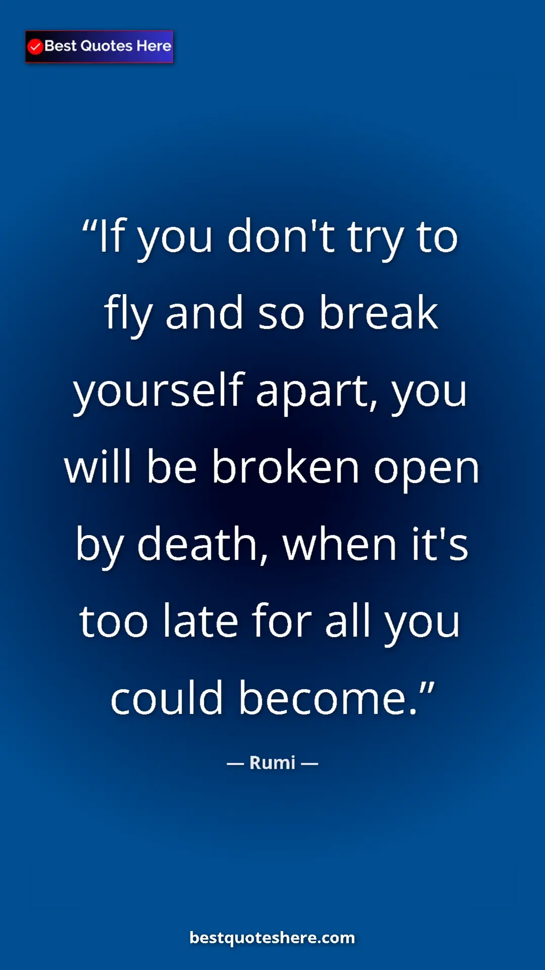 Pinterest quote poster by Rumi: "If you don't try to fly and so break yourself apart, you..."