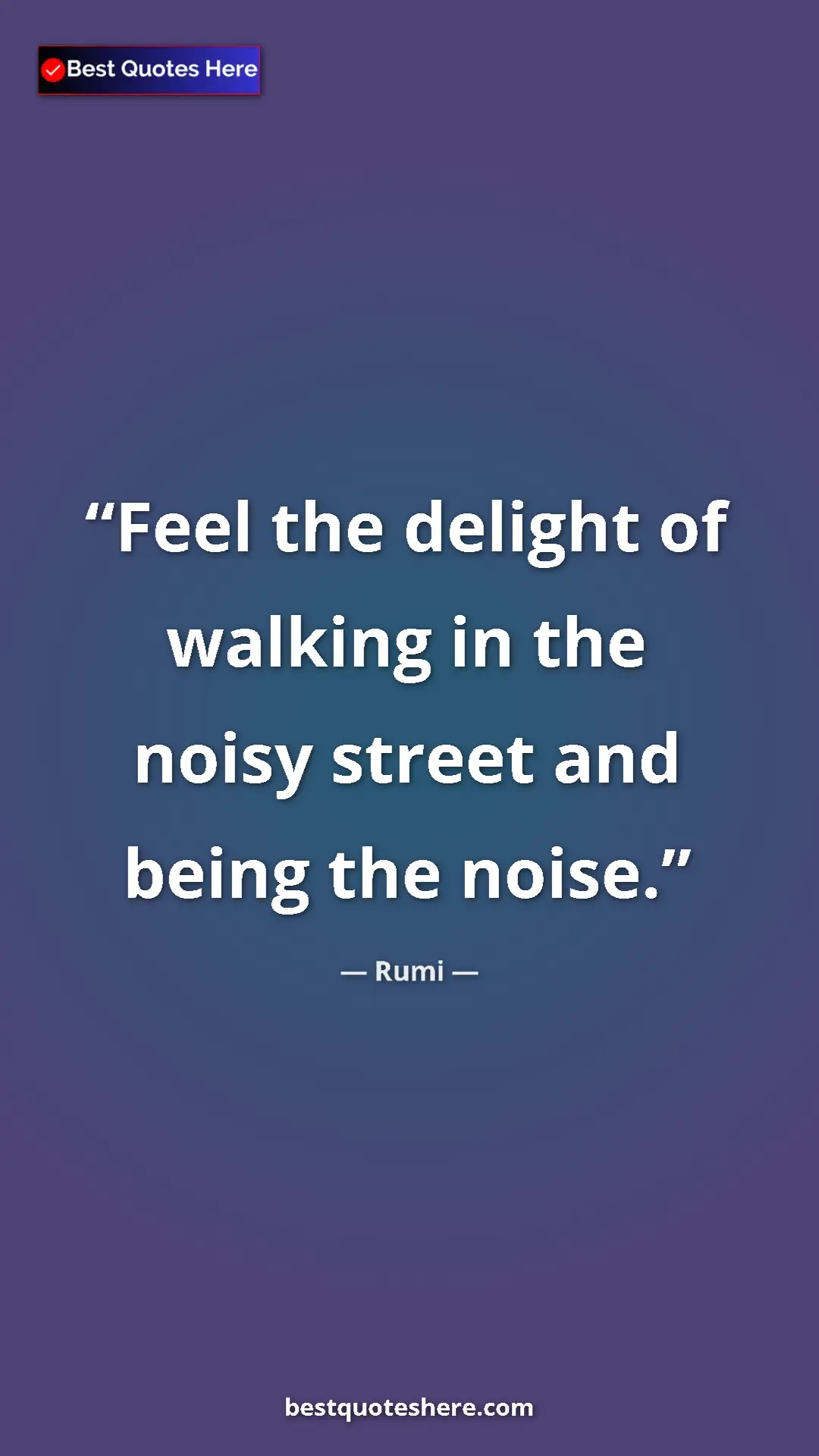 Pinterest quote poster by Rumi: "Feel the delight of walking in the noisy street and being th"
