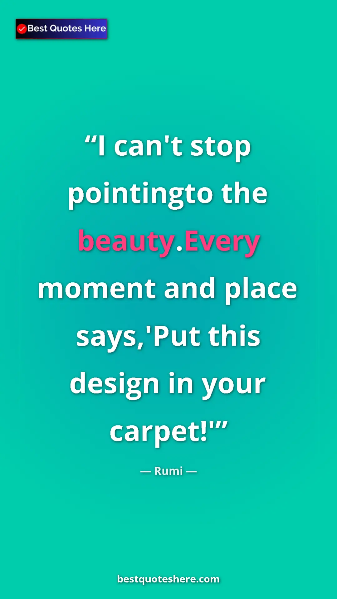 Pinterest quote poster by Rumi: "I can't stop pointingto the beauty.Every moment and place..."