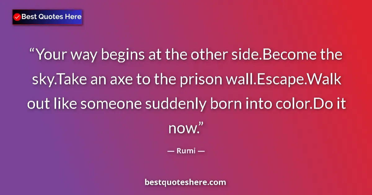 Quote by Rumi: Your way begins at the other side.Become the sky.Take an axe to the prison wall.Escape.Walk out like...