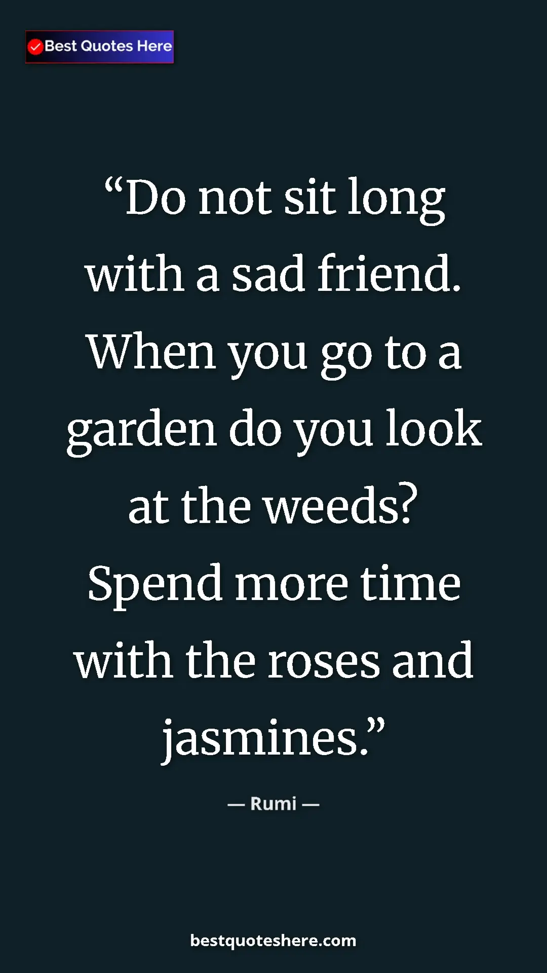 Pinterest quote poster by Rumi: "Do not sit long with a sad friend. When you go to a garden..."