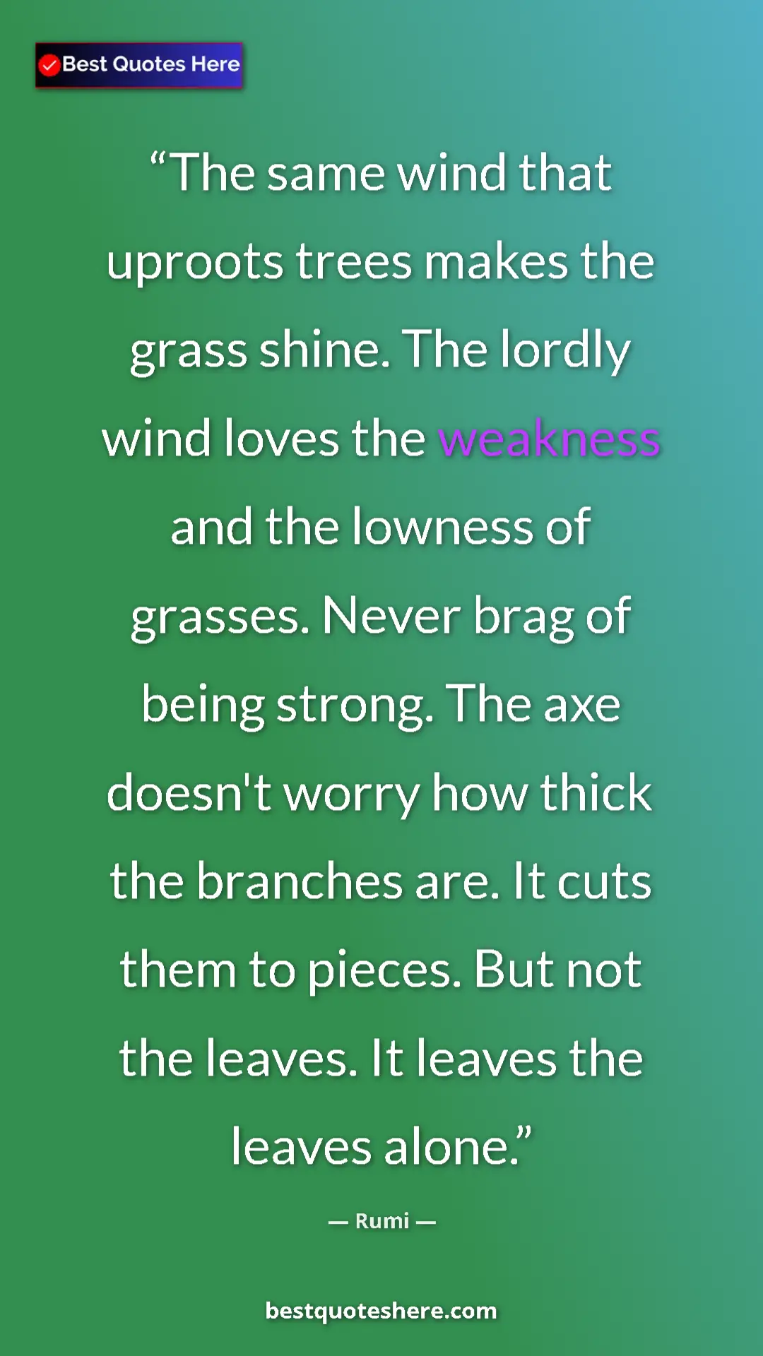 Pinterest quote poster by Rumi: "The same wind that uproots trees makes the grass shine. The..."